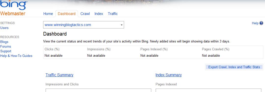 Bing Webmaster Dashboard