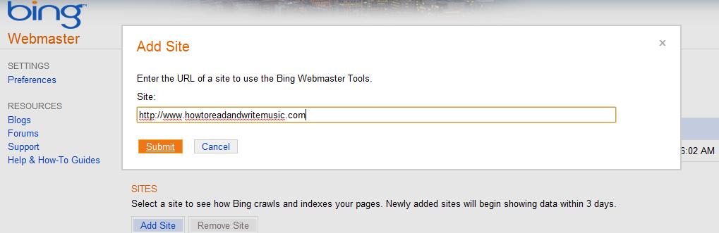 Bing Webmaster Add A Site