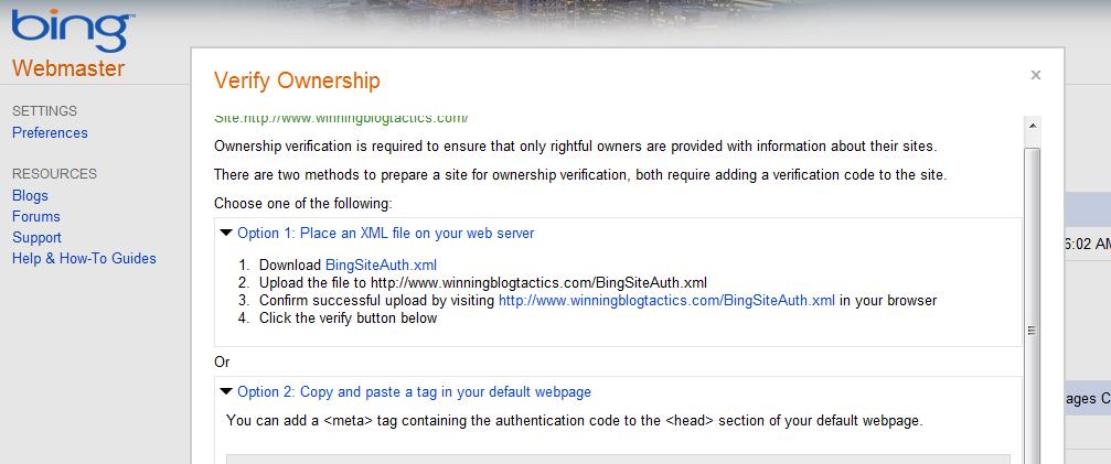 Bing Webmaster Verify Ownership